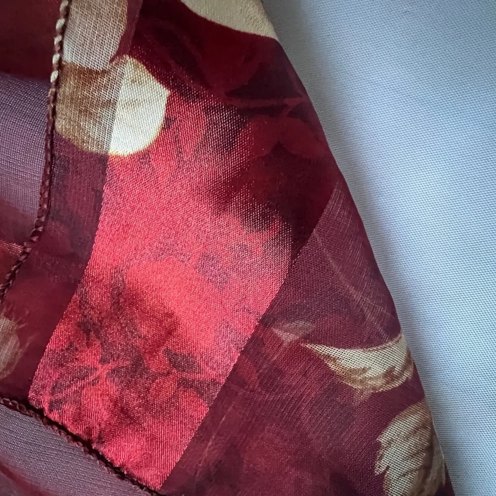 Vintage Sheer Floral Scarf Burgundy Rose Silky Striped Made in Korea 90s